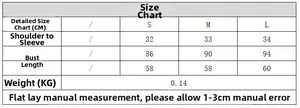 Detailed size chart for women's sequin skirt set including chest and length measurements