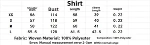 Detailed size chart for women colorblock shirt and pants set including chest and shoulder measurements