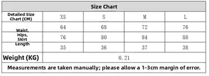 Detailed size chart for women's sequin skirt set with XS to L measurements in CM
