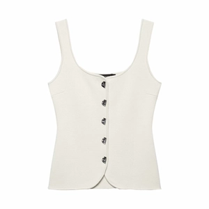 Sleeveless white knit vest with single-breasted silver buttons and textured fabric