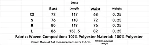 Tableau des tailles pour robe longue élégante incluant buste, longueur et tour de taille