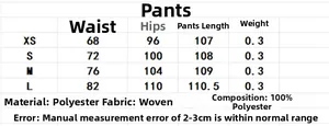 Detailed size chart for women's trousers with waist, hip and length in 100% polyester