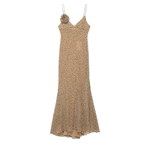 Robe Longue à Bretelles Élégante à Pois pour Femmes Col en V Dos Nu Coupe Sirène Robe Fond de Robe Avec Fleur 3D Soirée Vacances