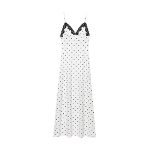 French Retro Polka Dot Lace Slip Maxi Dress For Women White Black V Neck Adjustable Strap Summer Elegant Sleeveless Long Dress