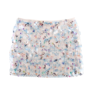 Detail of sequin mini skirt with floral print on mesh fabric and side zipper