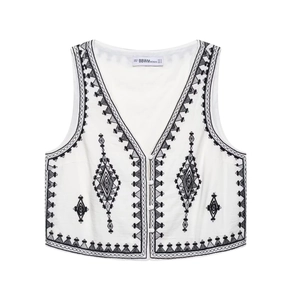 Bohemian white sleeveless cotton vest with black geometric embroidery and V-neckline