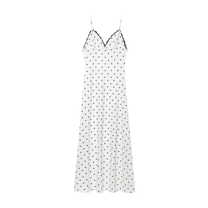 French vintage white polka dot maxi dress with V-neckline and delicate black lace trim