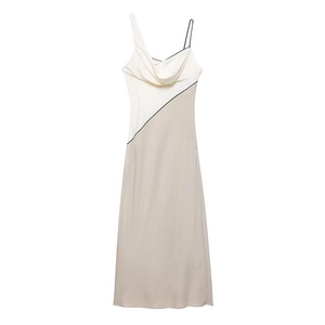 Robe Midi en Satin Élégante pour Femmes avec Col Bénitier Sangles Asymétriques Design Patchwork Bloc de Couleur Robe de Soirée Chic