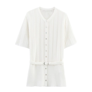 Women Casual White Hollow Out Knitted Cardigan With Belt V Neck Short Sleeve Button Up Mesh Jacquard Sweater Top