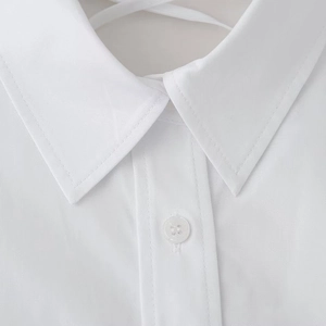 Standard pointed collar detail on a minimalist white cropped street fashion shirt