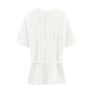 Short sleeve white knit top for women with hollow mesh pattern and ribbed hem