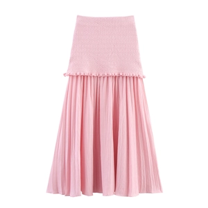 Ensemble en tricot trois pièces avec jupe longue plissée rose clair à taille élastique