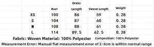 Size guide table for women's embroidered mini dress with detailed measurements