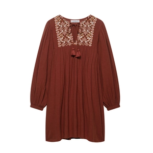 Retro rust red long sleeve dress with white boho embroidery and tassel tie V-neck