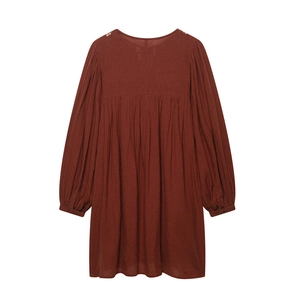 Vintage rust red cotton linen girls dress with floral embroidery and lantern sleeves