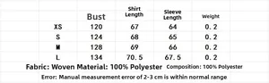 Size guide for women's linen blend single-breasted shirt with detailed measurements