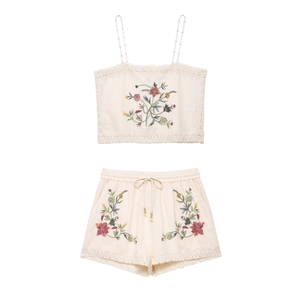 Pastoral Floral Embroidered Crop Top Or Shorts Bohemian Lace Edge Summer Vacation Casual Clothing For Women Cream