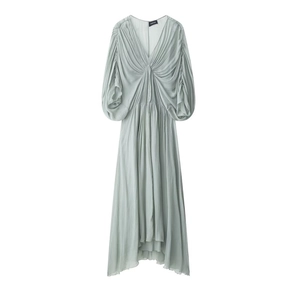 Women Long Sleeve V Neck Pleated Maxi Dress Elegant Chiffon Mesh Solid Color Long Dress For Daily Party Streetwear Fashion