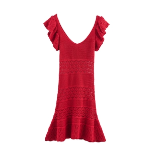 Women Crochet Knit Mini Dress Deep V Neck Ruffle Sleeve Hollow Out Red Sexy A-Line Party Vacation Short Dress