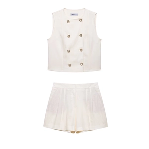 Women's Elegant Sleeveless Double Breasted Vest Top And High Waisted Pleated Shorts Urban Casual Polyester Solid Color Outfits