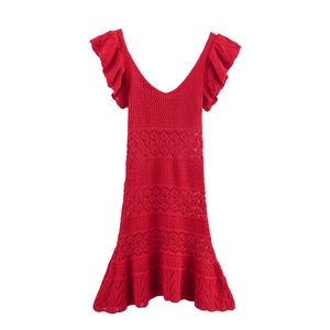 Elegant red crochet V-neck knit dress with ruffle trim and hollow-out lace patterns