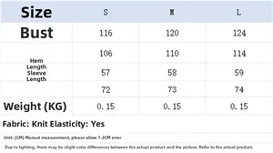 Detailed size chart for women's knit sweater including chest, length, and sleeve measurements