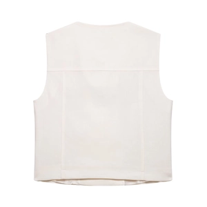 Back view of a sleeveless beige cotton vest featuring racerback cut and seam detailing