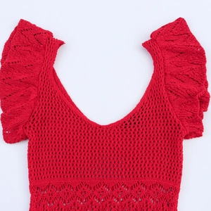 Red V-neck knit mini dress with ruffle sleeves and openwork patterns on white background