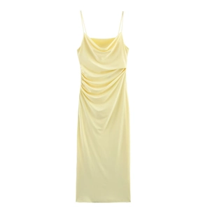 Elegant pale yellow satin midi dress with spaghetti straps and draped neckline design