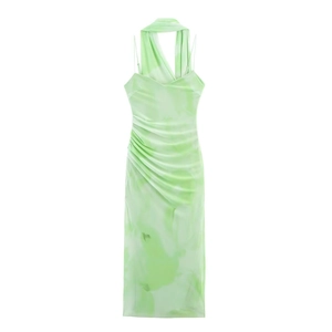 Robe Midi à Dos Nu Froncée pour Femme Sexy Imprimé Marbré Tie Dye Bretelles Spaghetti Coupe Ajustée Sans Manches Dégradé