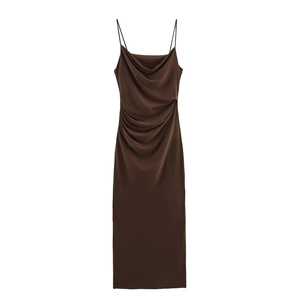 Elegant dark brown satin slip dress with a cowl neck and ruched side details