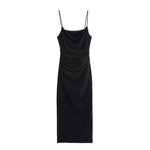 Elegant black cowl neck maxi dress with ruched side detail for women spring 2025 fashion
