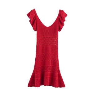 Red knit V-neck dress featuring layered ruffle sleeves and openwork crochet texture