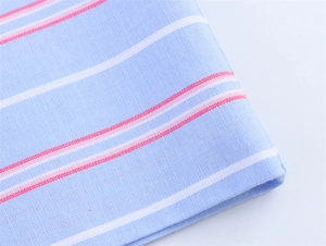 Detailed macro view of light blue striped cotton fabric with pink and white texture