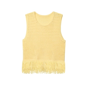 Gilet en Tricot Crocheté Décontracté pour Femme Jaune Ajouré Sans Manches Avec Franges Boho Vacances Mode de Plage