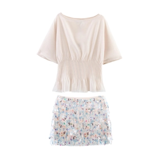 Women Boat Neck Pleated Short Sleeve Top And Colorful Sequin Floral Mini Skirt Summer Elegant Outfits For Party