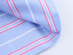 Close-up of pink and white stripes on light blue cotton fabric with detailed stitching
