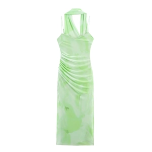 Robe midi licou vert dégradé avec détails froncés et imprimé marbré en satin de soie chic
