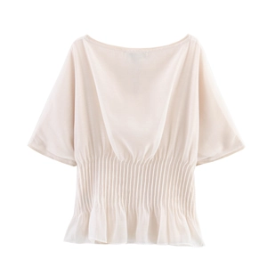 Elegant off-shoulder chiffon top with smocked waist and butterfly sleeves in beige