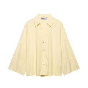 Womens Casual V-Neck Lapel Long Sleeve Shirt Pale Yellow Solid Color Loose Button Down Blouse Top Spring Summer Fashion