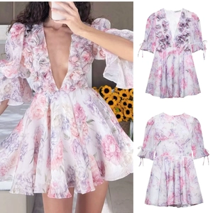 Robe Courte en Mousseline avec Appliques Florales 3D pour Femme Imprimé Floral Rose Violet Manches Bouffantes Col en V