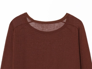 Detail of the crew neck and fine knit texture of a dark brown linen sweater for women