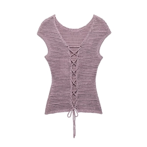 Women Knit Top And Shorts Outfits Casual Ribbed Texture Mauve Cap Sleeve Drawstring Hem Backless Fashion Clothes
