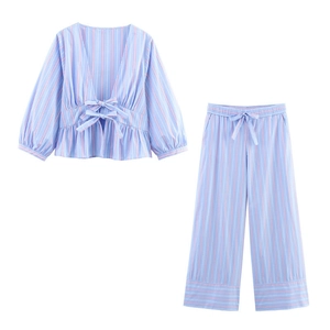 Women Casual Striped V Neck Long Sleeve Peplum Top And Wide Leg Pants Outfits Sweet Bow Tie Front Loungewear Light Blue