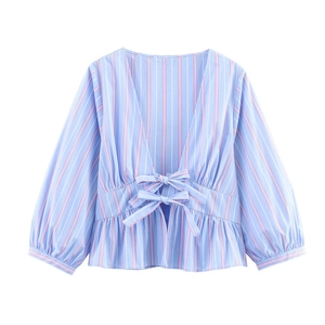 Women stripe long sleeve blouse with front bows and peplum hem in light blue and white