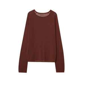 Women's classic round neck linen knit sweater in deep reddish brown for early spring style