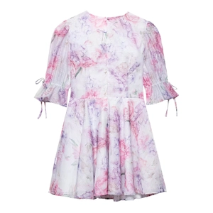 Robe trapèze à fleurs pour femmes en mousseline avec manches courtes et volants élégants