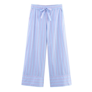 Women's blue and white striped wide-leg casual pants with drawstring elastic waist