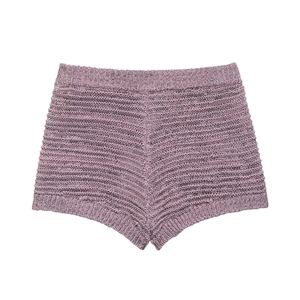 Women's lavender purple knit shorts featuring pointelle wave patterns and ribbed waist