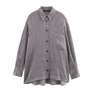 Women Casual Oversized Striped Long Sleeve Shirt Linen Blend Button Down Lapel Blouse With Pocket Streetwear Fashion Top